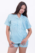Aqua Blue & White Striped Cotton Night Suit Set(Shirt & Shorts)