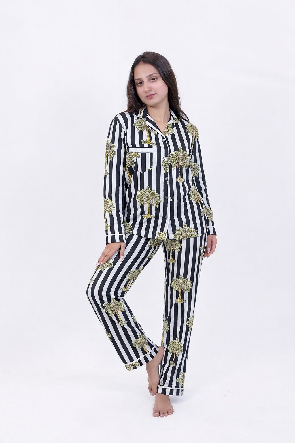 Black & White Stripe Palm Print Cotton Pajama Set