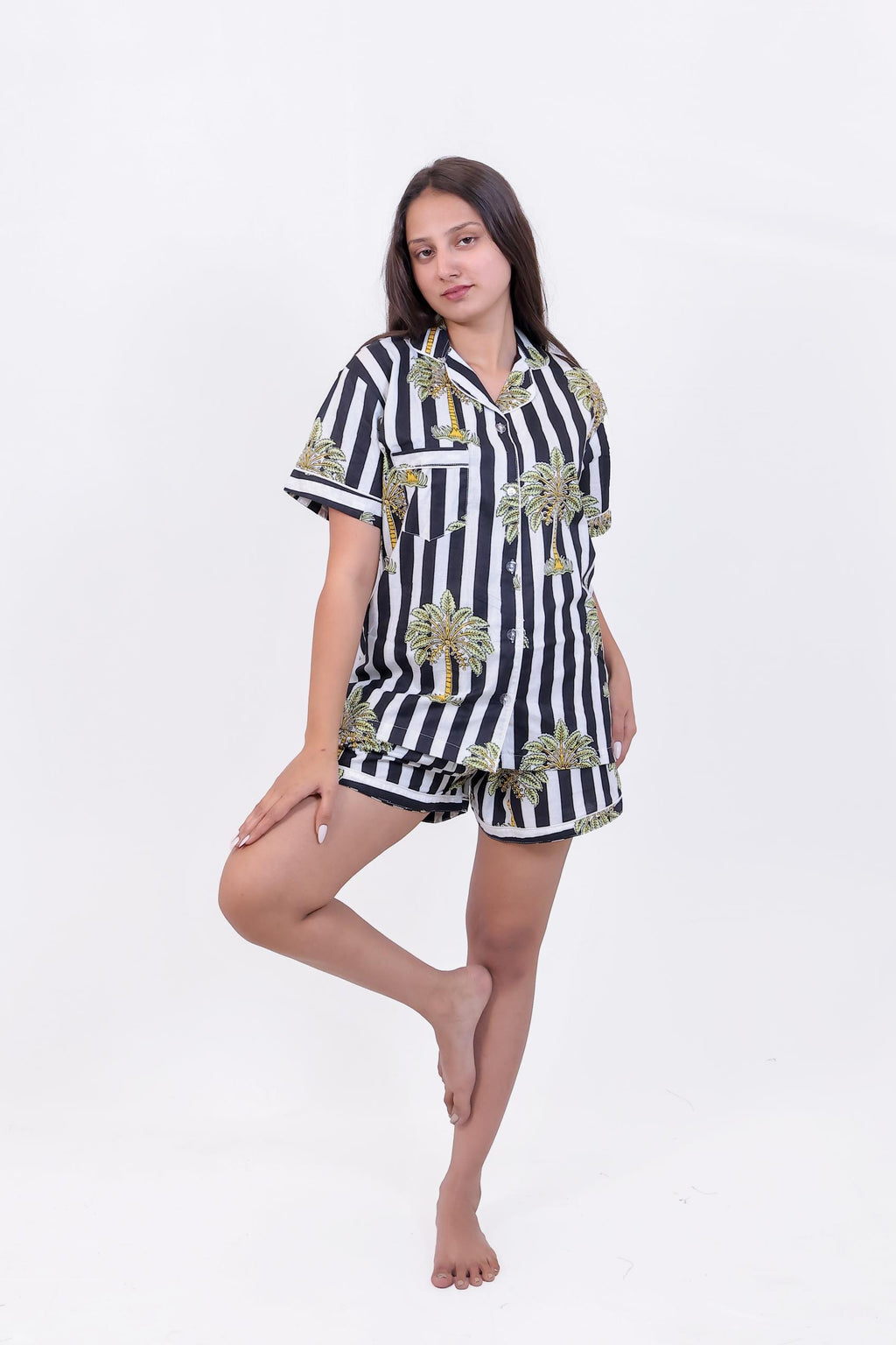 Black & White Stripe Palm Print Cotton Pajama Set(Shirt & Shorts)