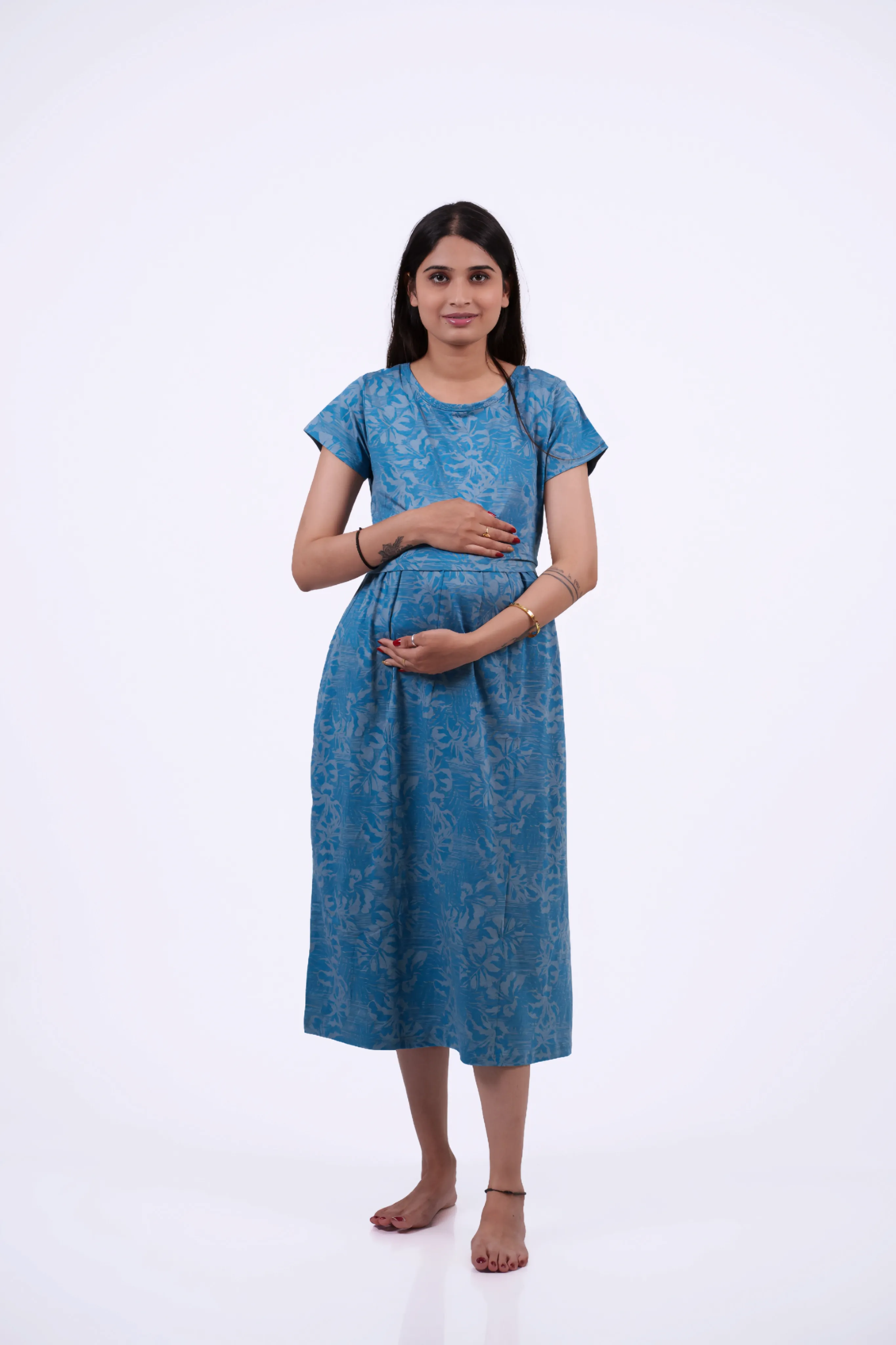 Blue Block Pattern Maternity Dress