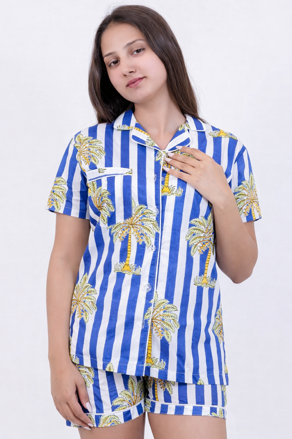 Blue & White Stripe Palm Print Cotton Pajama Set(Shirt & Shorts)