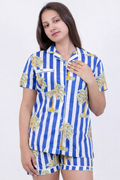 Blue & White Stripe Palm Print Cotton Pajama Set(Shirt & Shorts)