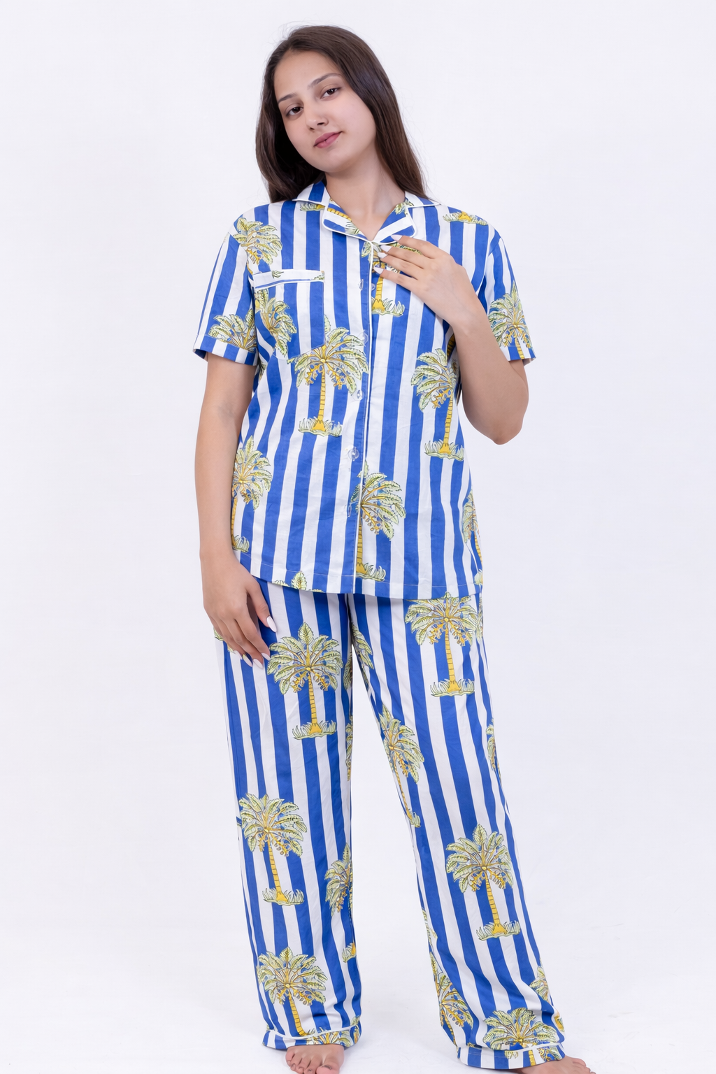 Blue & White Stripe Palm Print Cotton Pajama Set