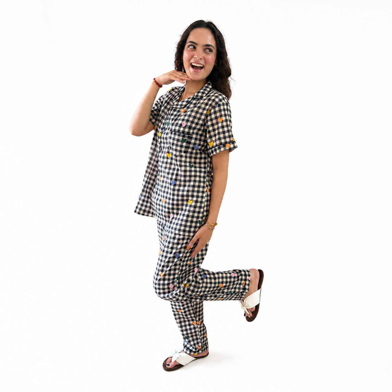 Black Gingham Heart Print Cotton Women's Night Suit