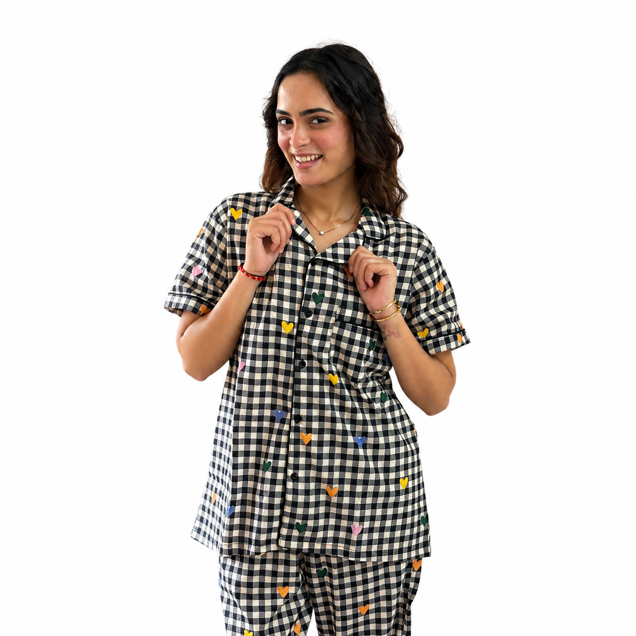 Black Gingham Heart Print Cotton Women's Night Suit