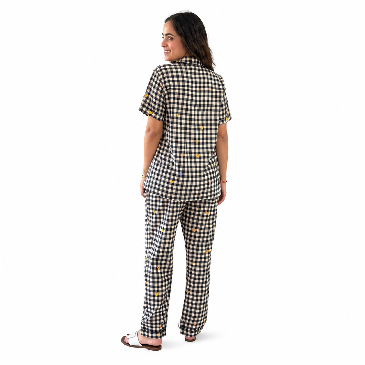 Black Gingham Heart Print Cotton Women's Night Suit