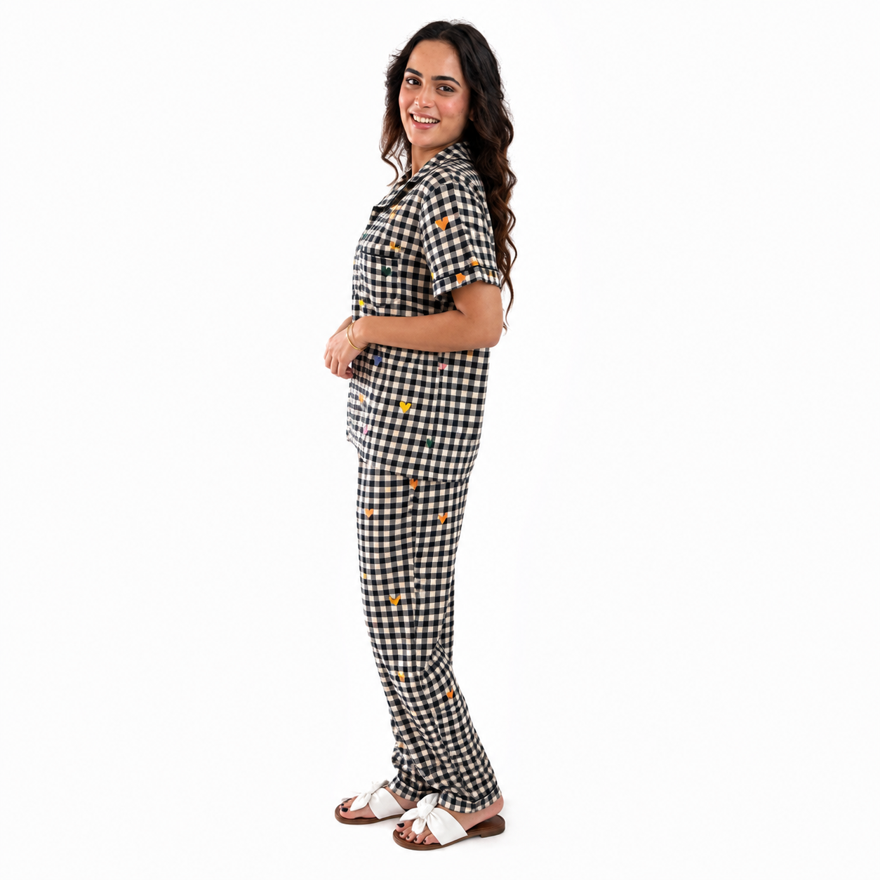 Black Gingham Heart Print Cotton Women's Night Suit
