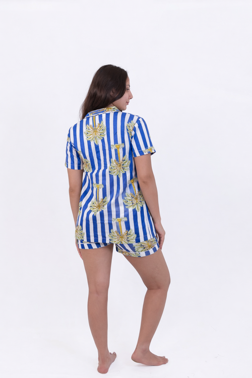 Blue & White Stripe Palm Print Cotton Pajama Set(Shirt & Shorts)