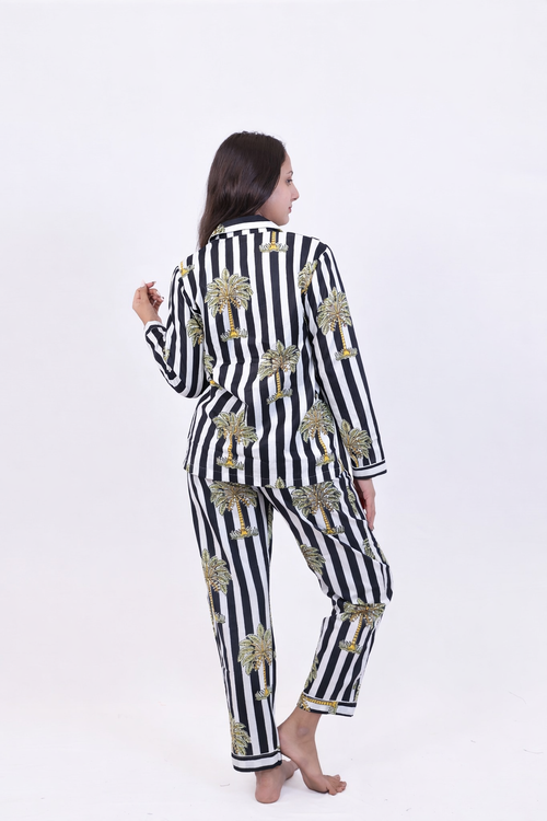 Black & White Stripe Palm Print Cotton Pajama Set