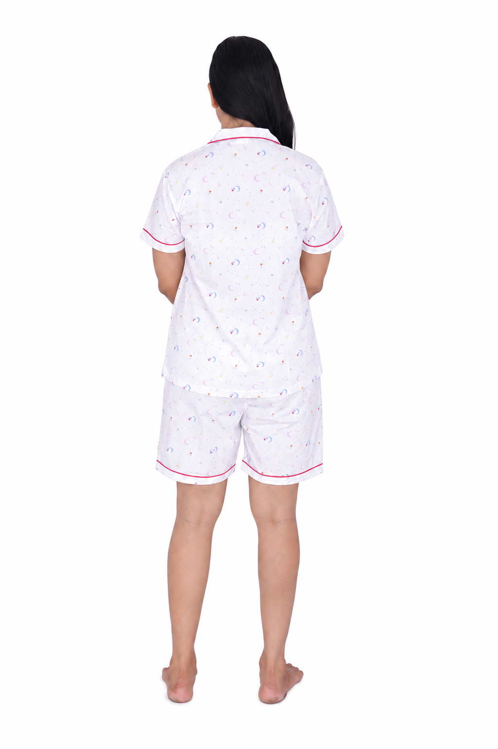 White Moon Print Cotton Night Suit Set