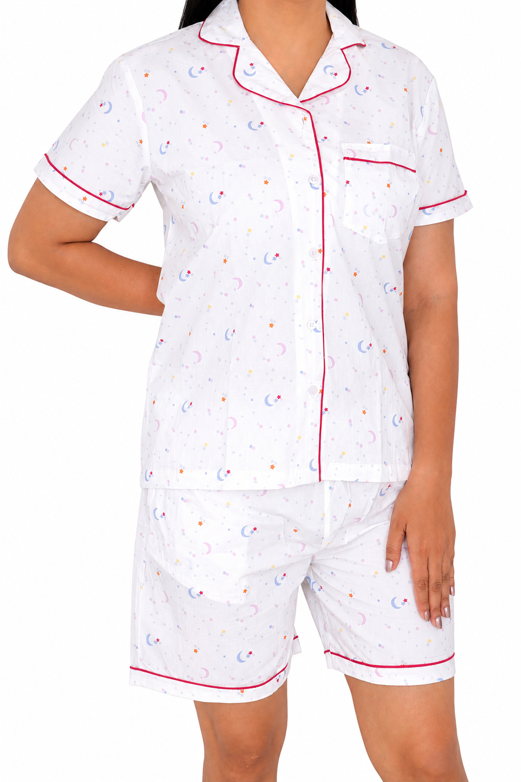 White Moon Print Cotton Night Suit Set