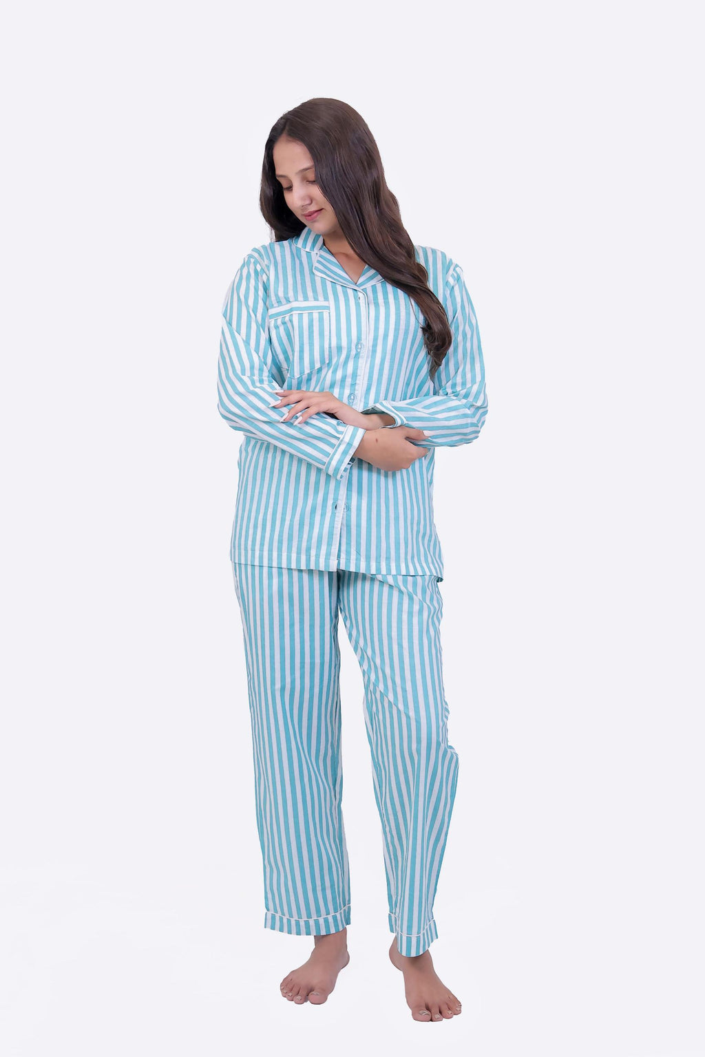 Aqua Blue & White Striped Cotton Night Suit Set