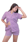 Classic Purple Stripe Cotton Night Suit Set(Shirt & Shorts)