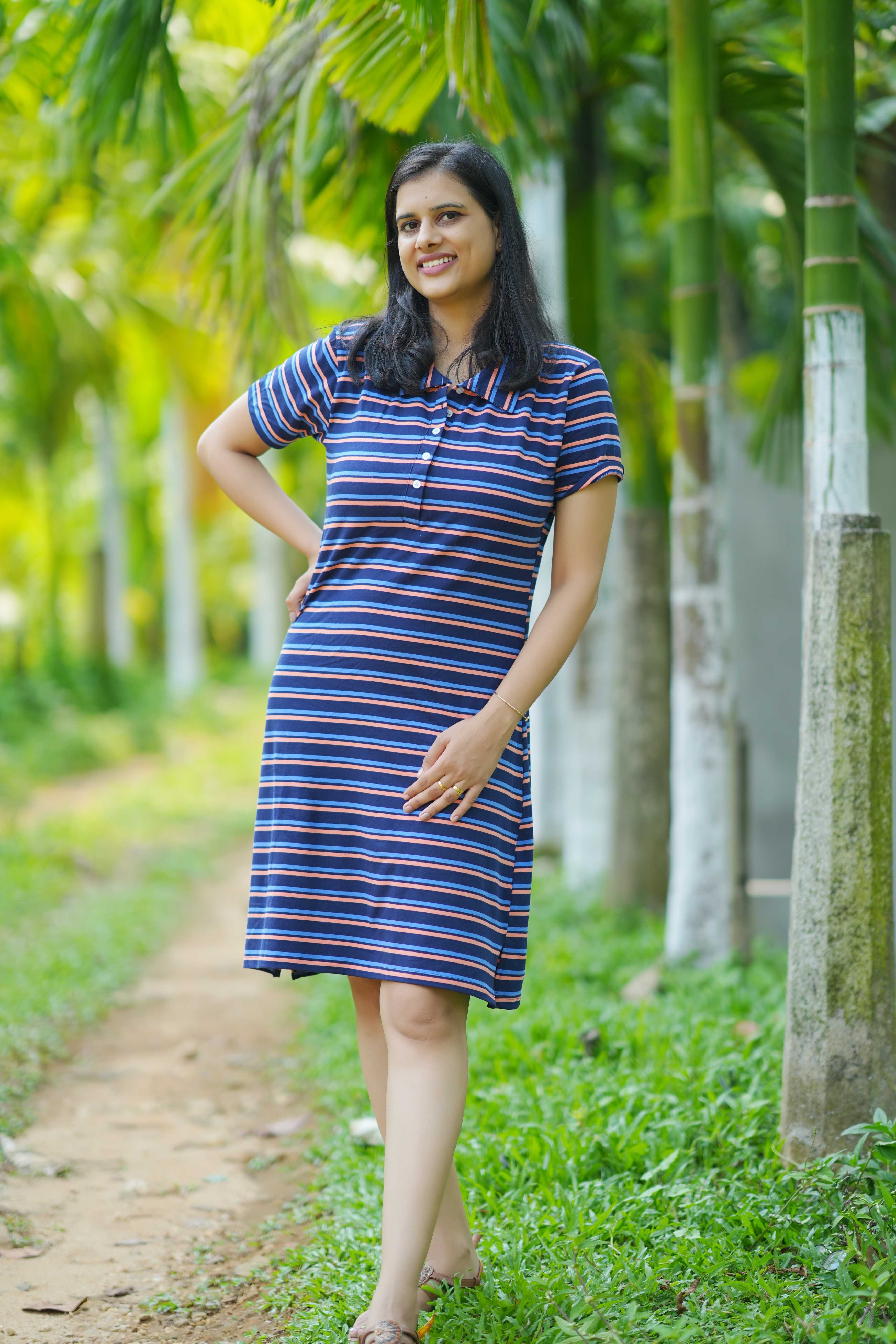 Coastal Stripes Polo Dress - Navy & peach