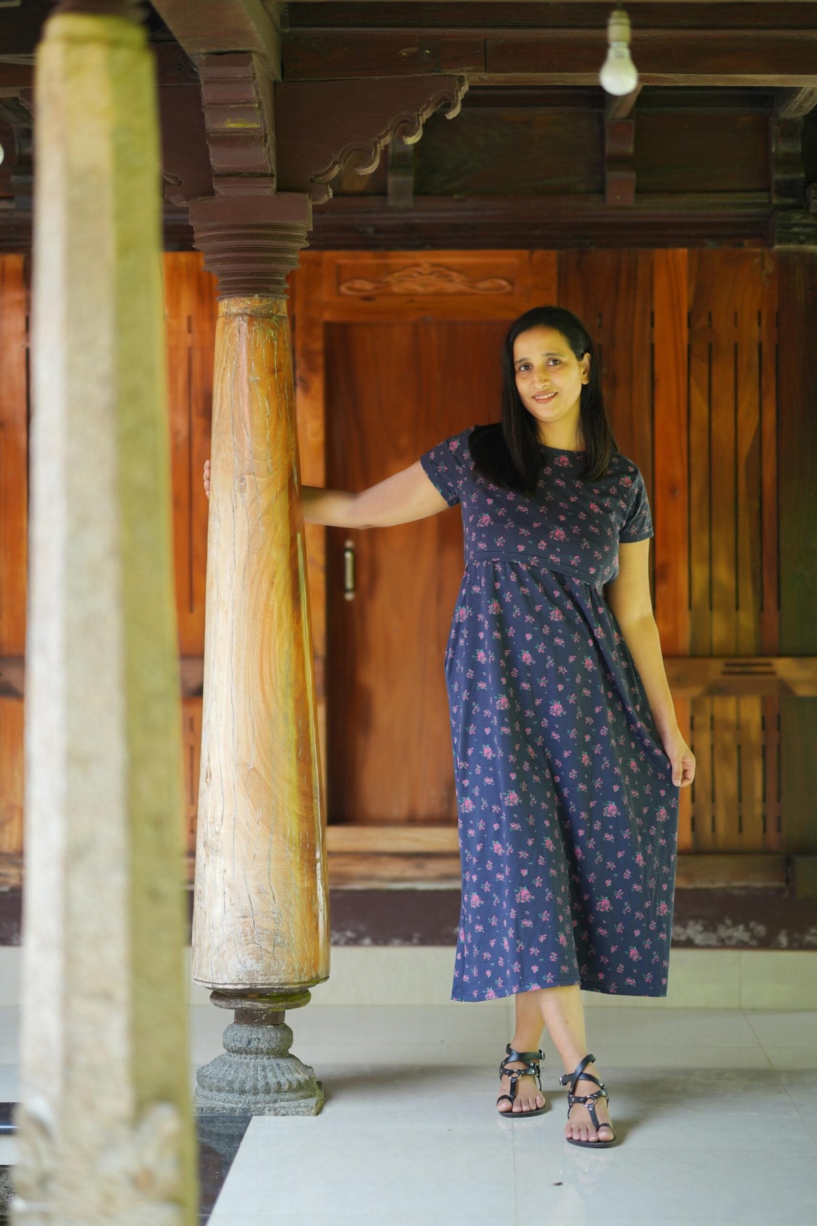 Comfort Cotton Maternity Dress - Navy with Pink Floral Print