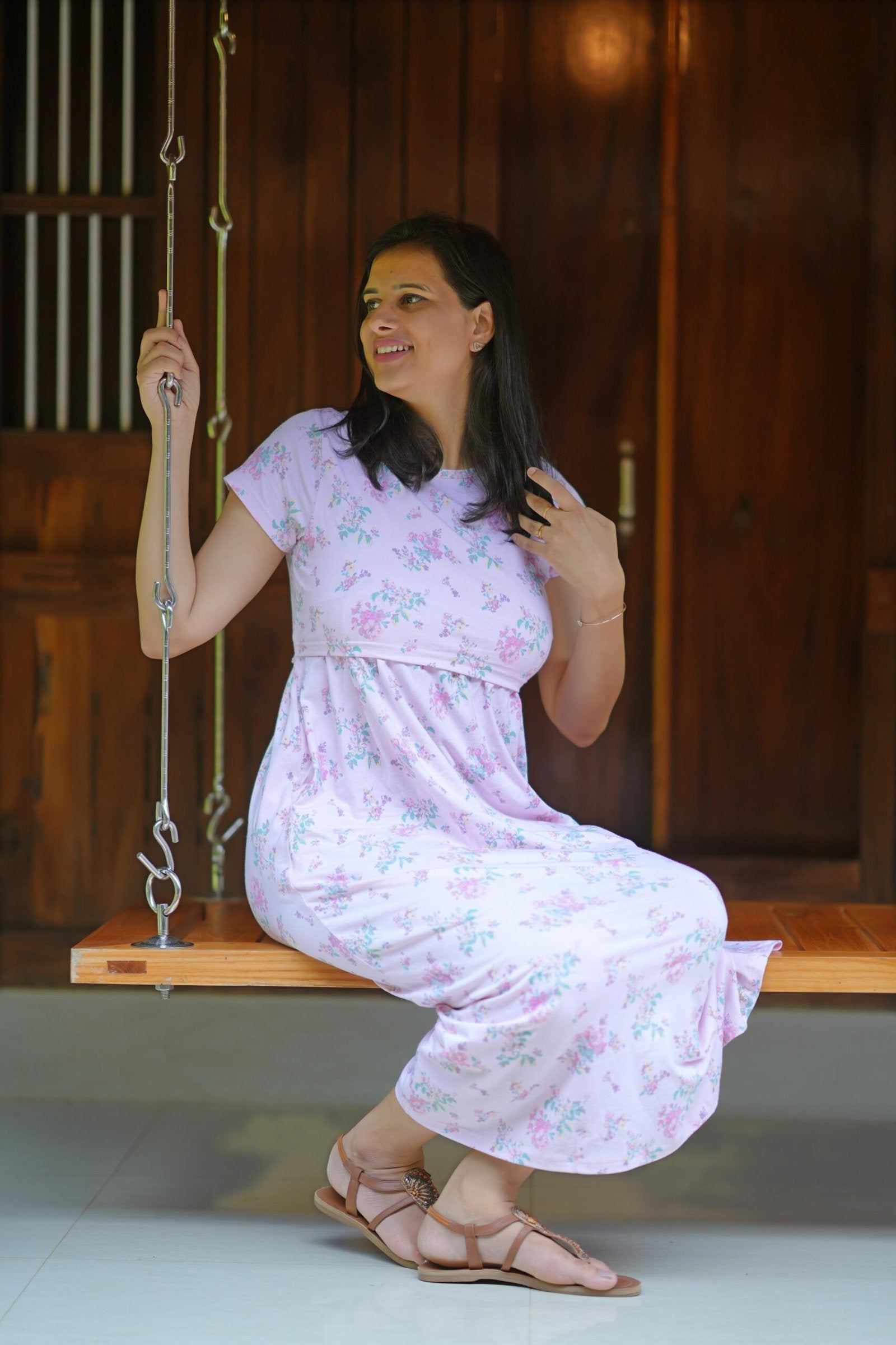 Comfort Cotton Maternity Dress - Pale Lavender Floral Print