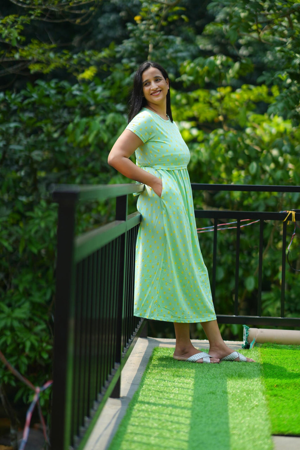 Comfort Cotton Maternity Dress - Seafoam with Yellow Dot Print