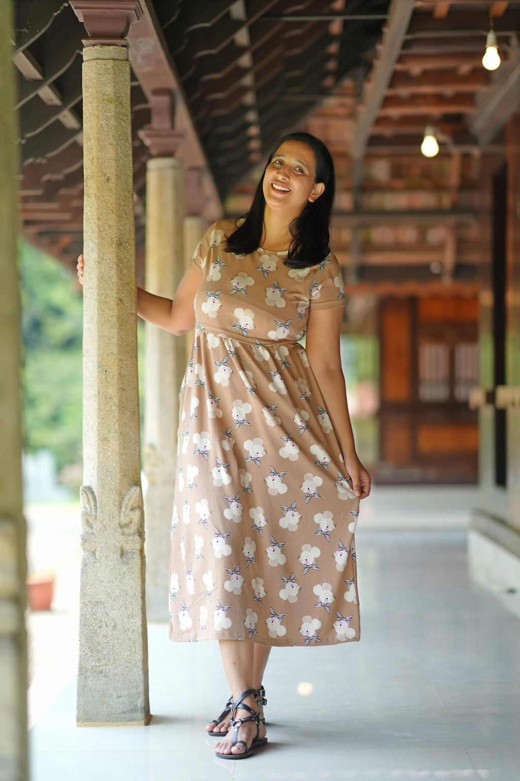 Comfy Cotton Maternity Dress with Cute Mouse Print