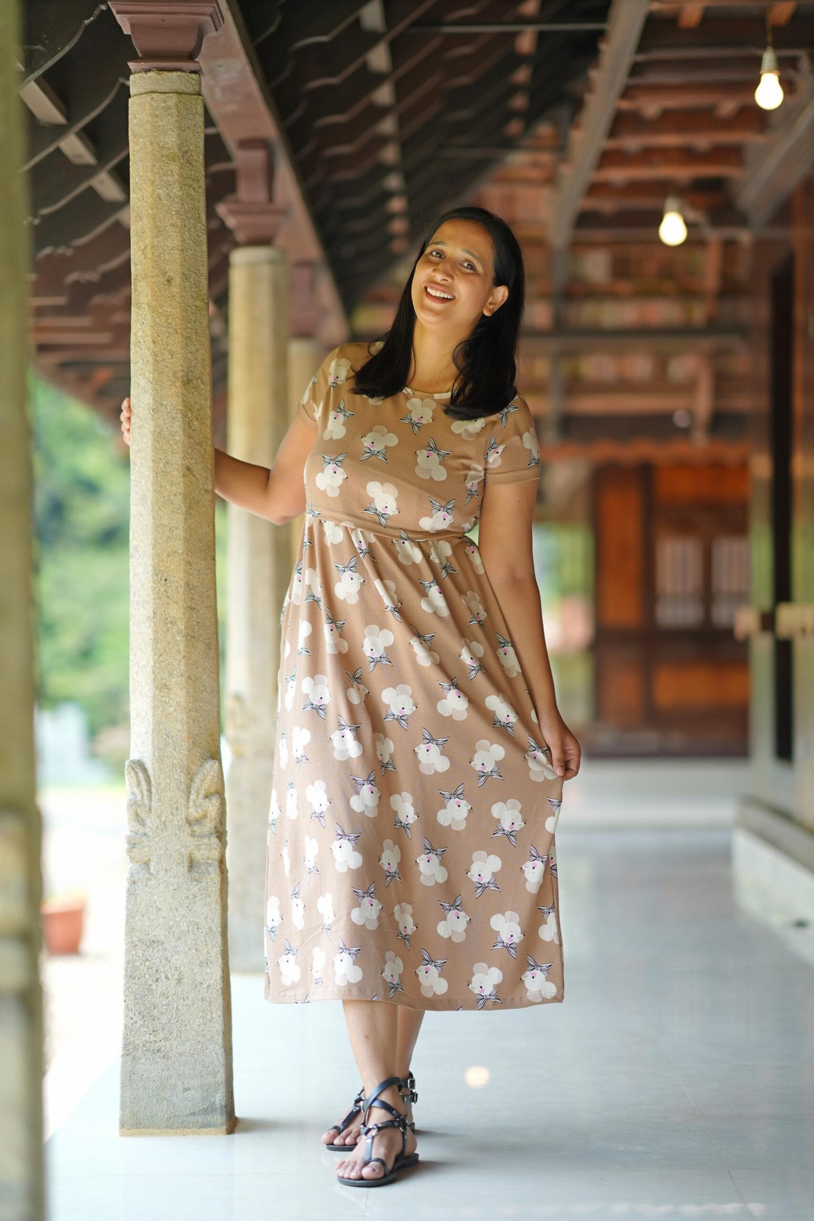 Comfy Cotton Maternity Dress with Cute Mouse Print