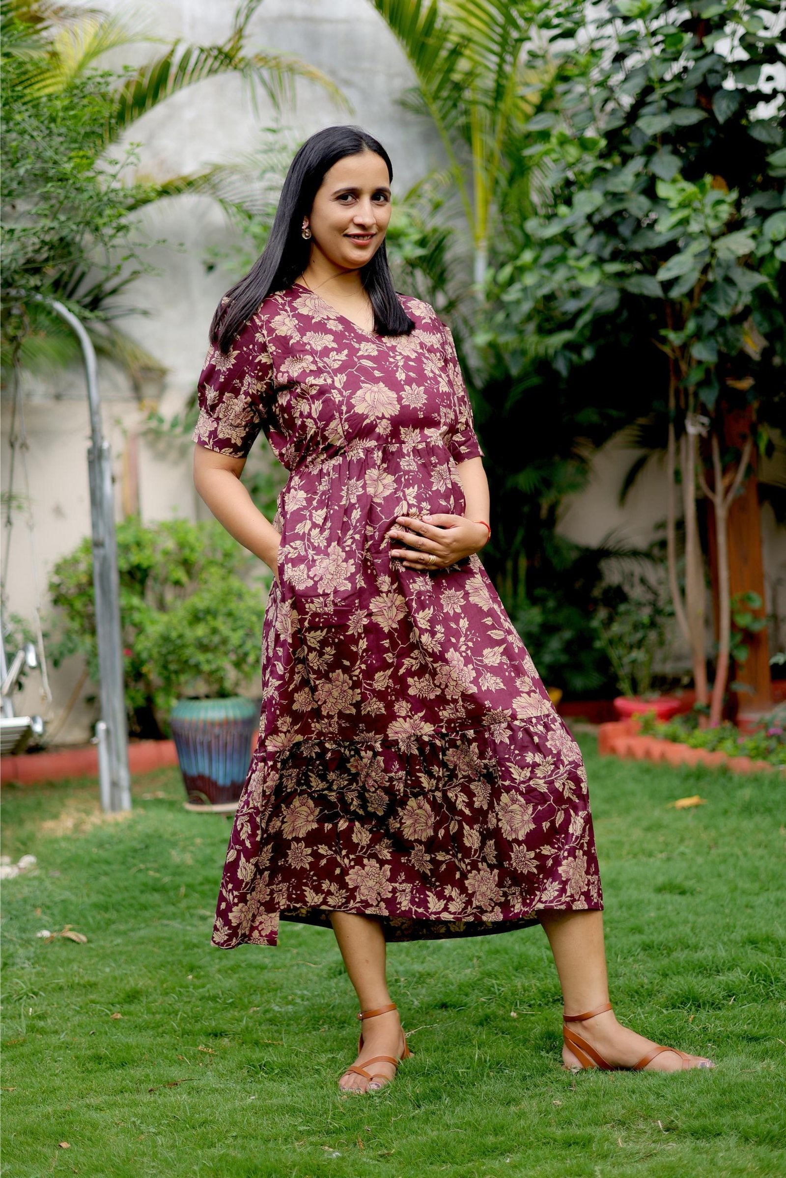 Crimson Bloom Maternity & Nursing Dress