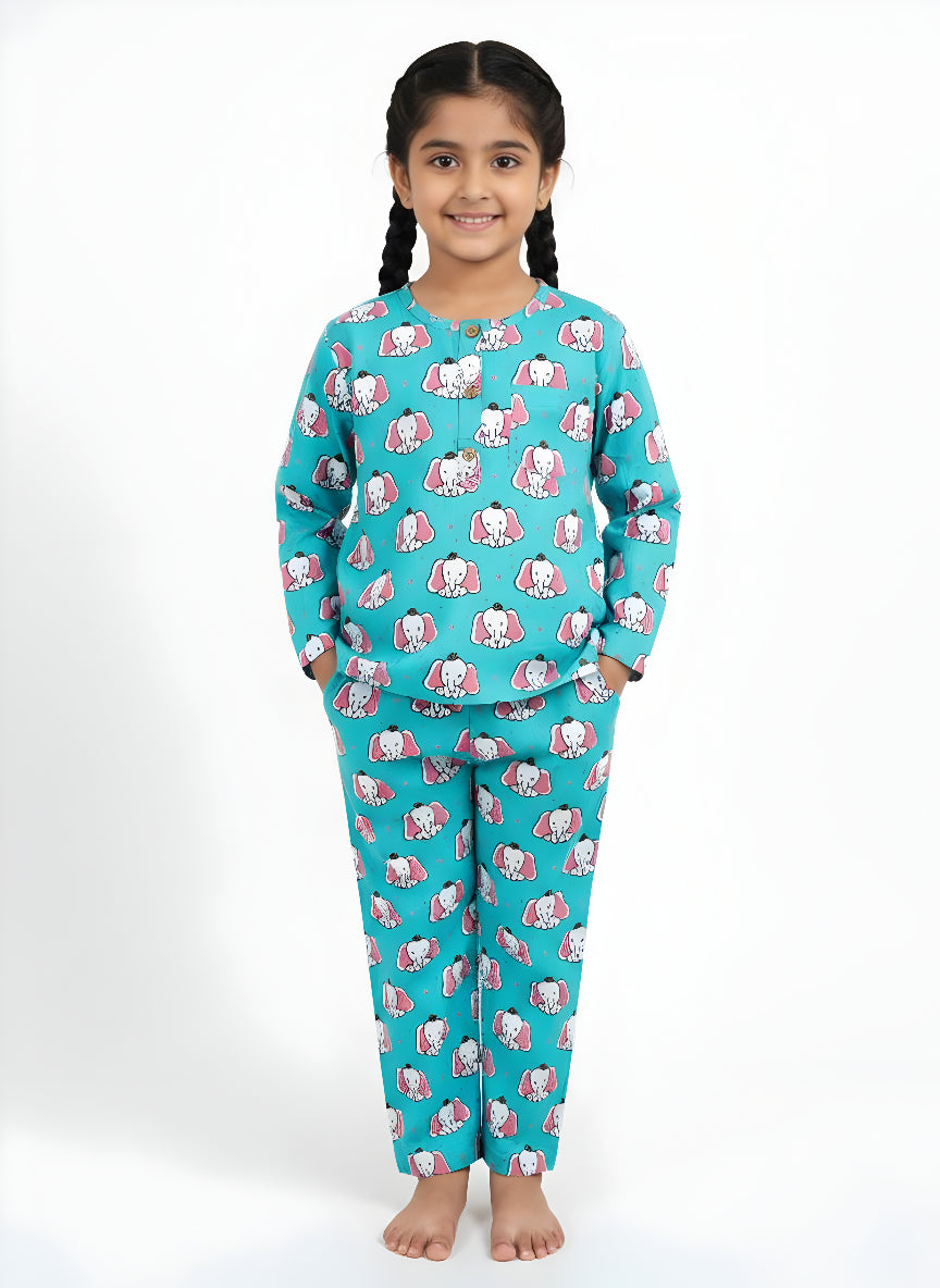 Cute Elephant Print Cotton Night Suit