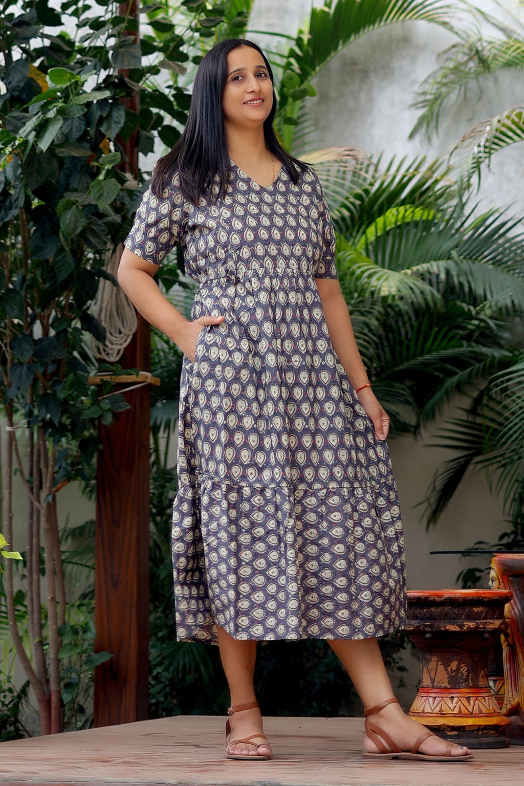 Deep grey Paisley print maternity dress