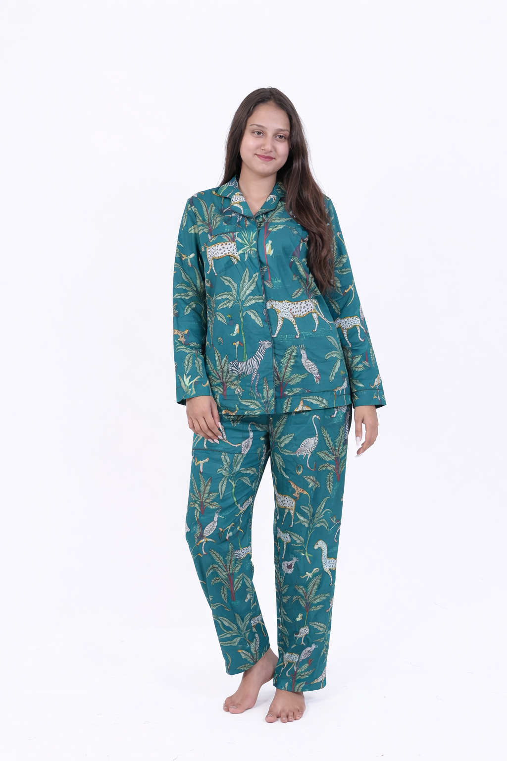 Green Forest Print Cotton Night Suit Set
