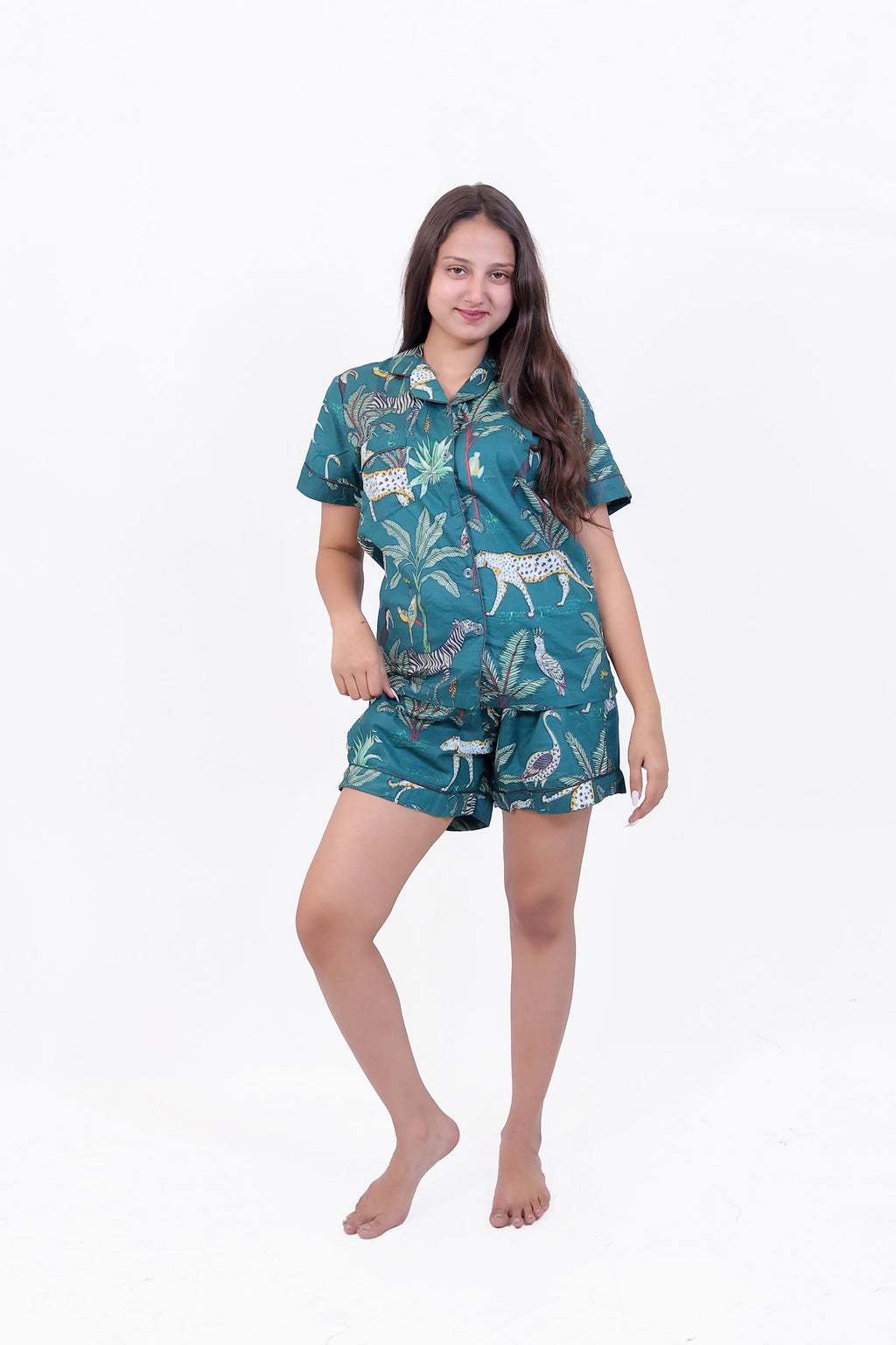 Green Forest Print Cotton Night Suit Set(Shirt & Shorts)