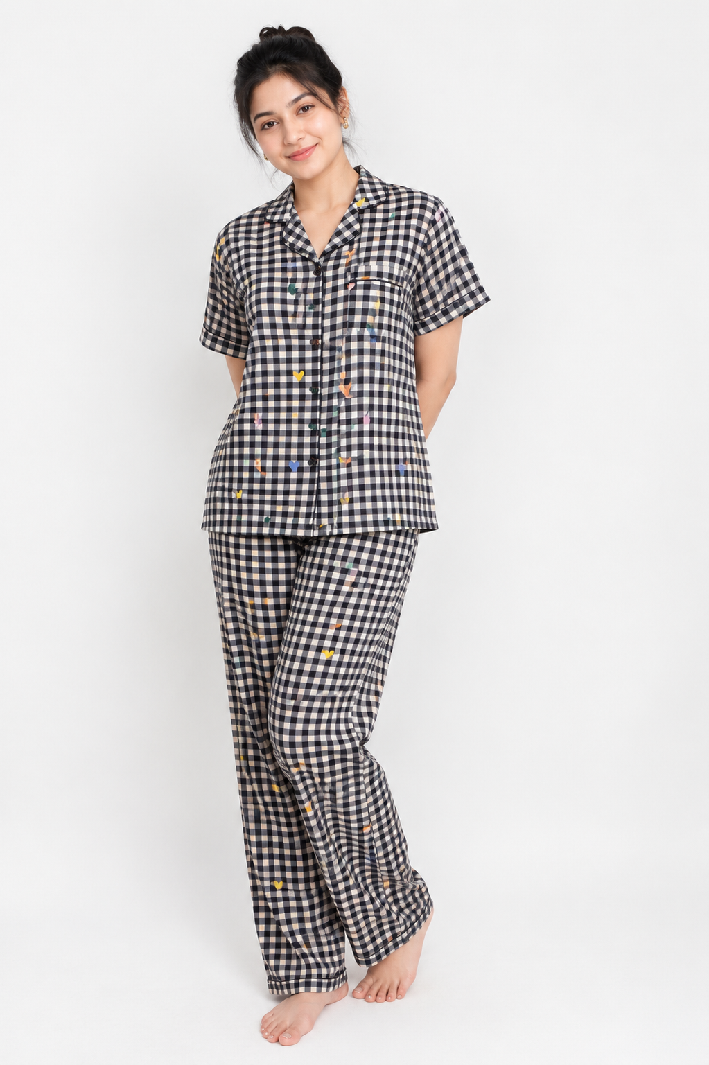Black Gingham Heart Print Cotton Women's Night Suit