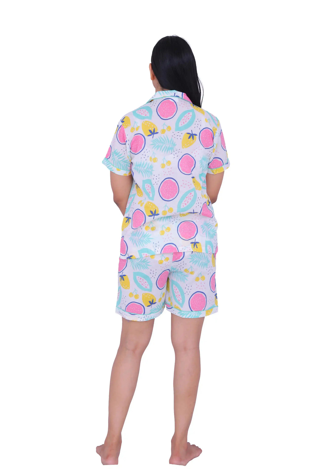 White Tropical Fruit Print Cotton Night Suit Set