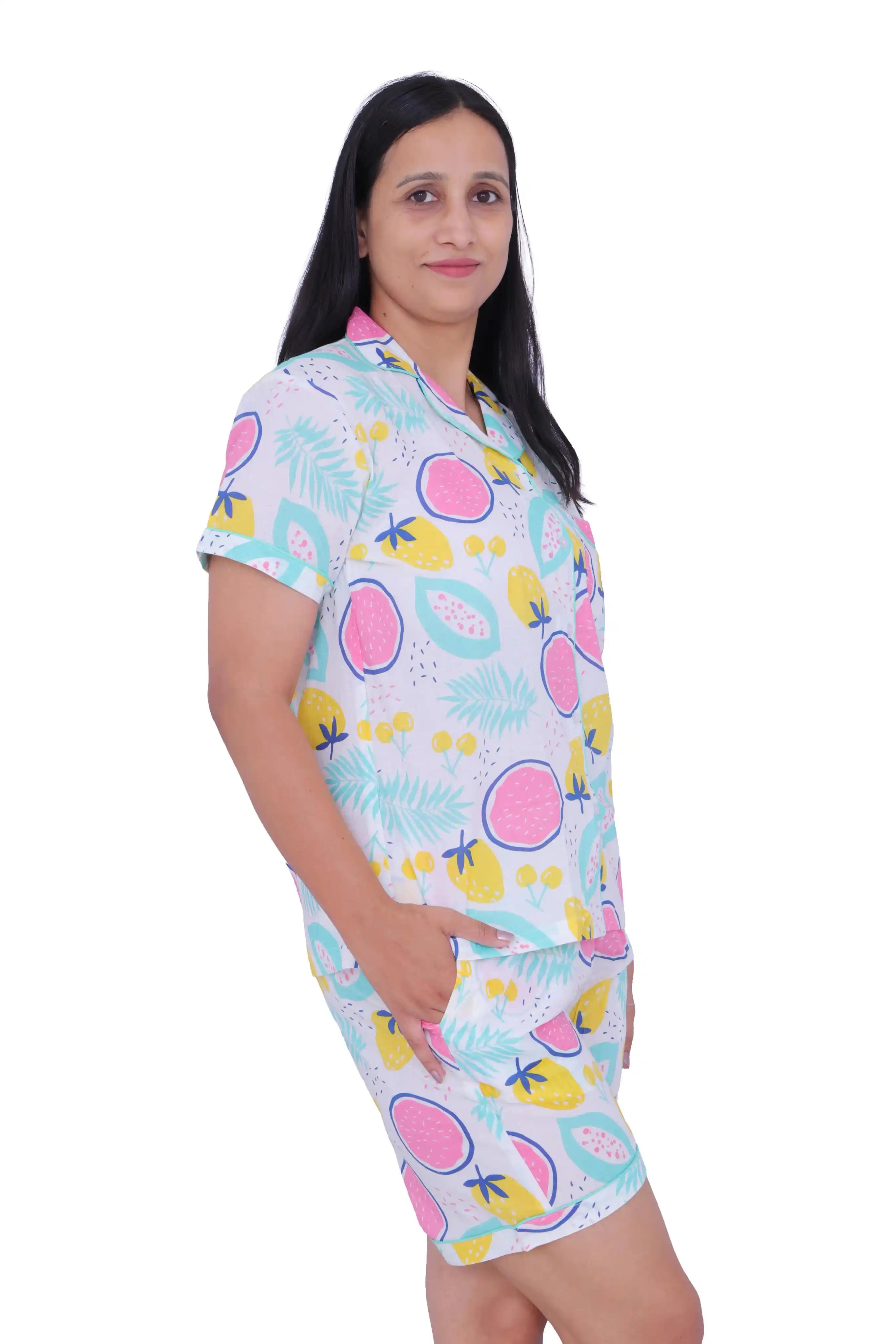 White Tropical Fruit Print Cotton Night Suit Set
