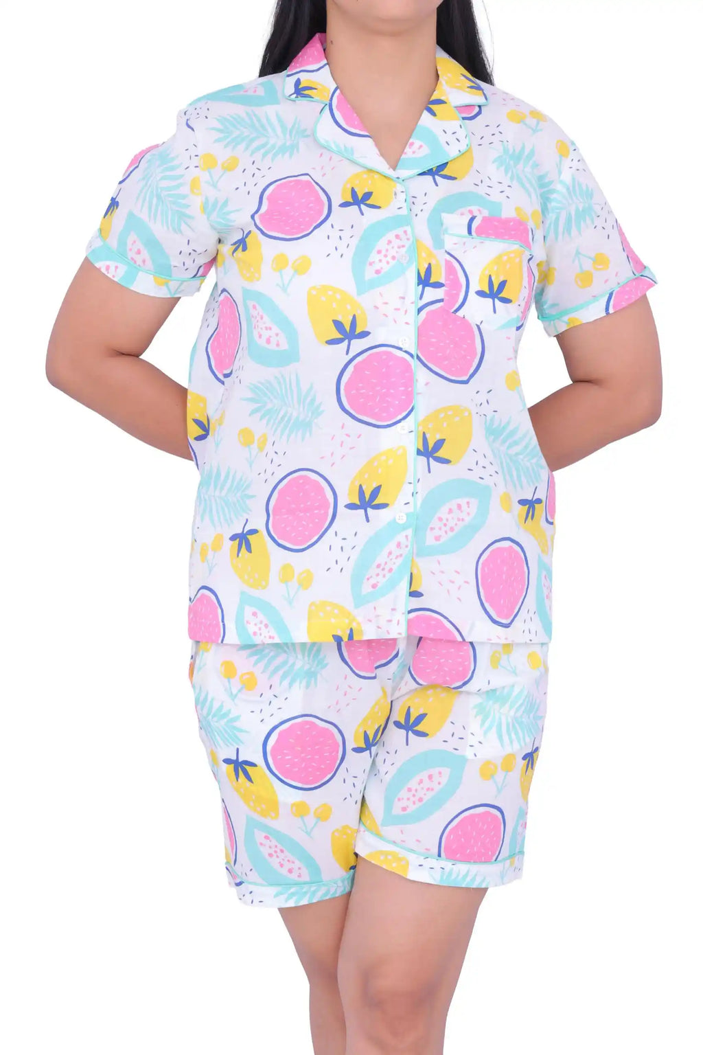 White Tropical Fruit Print Cotton Night Suit Set