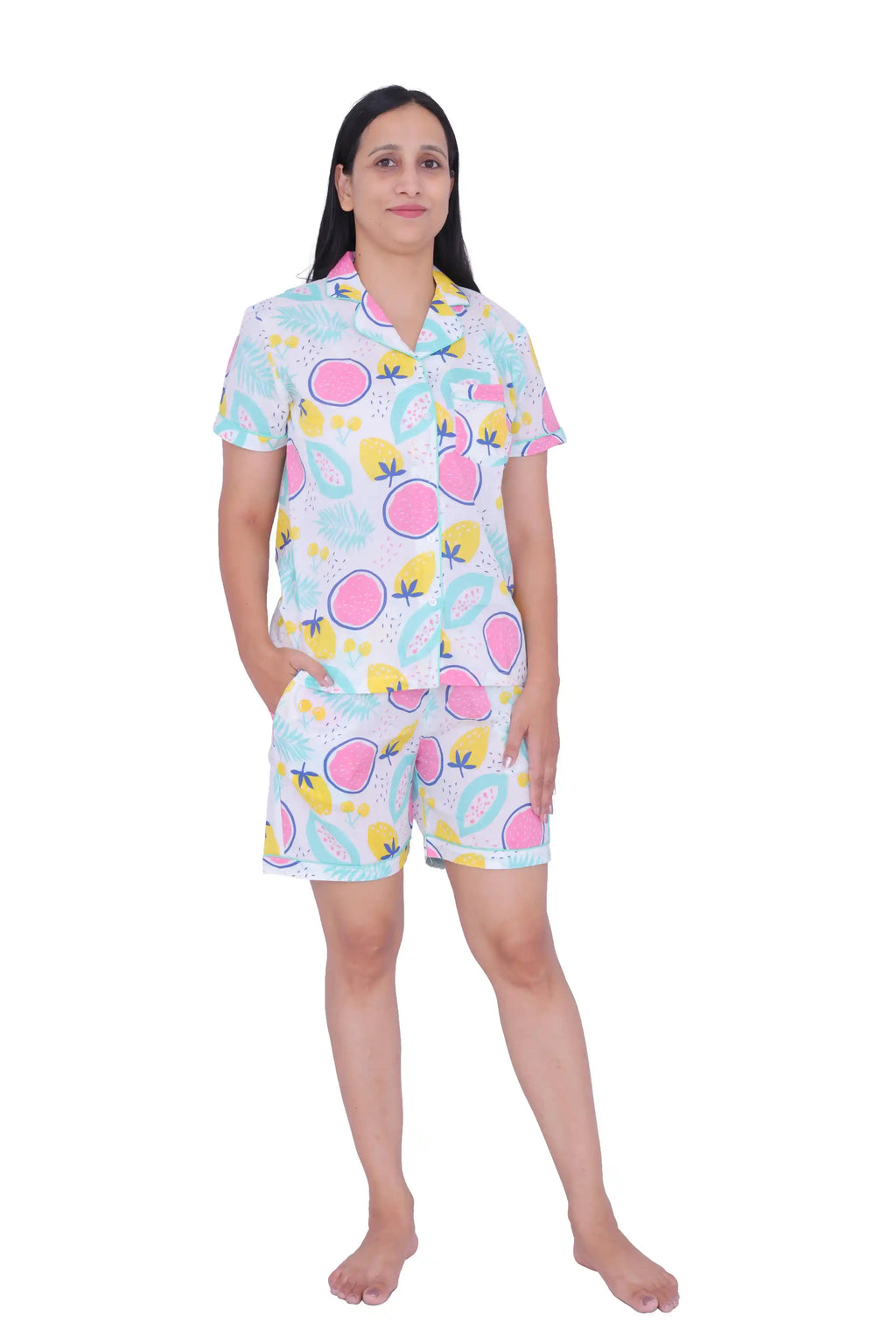 White Tropical Fruit Print Cotton Night Suit Set
