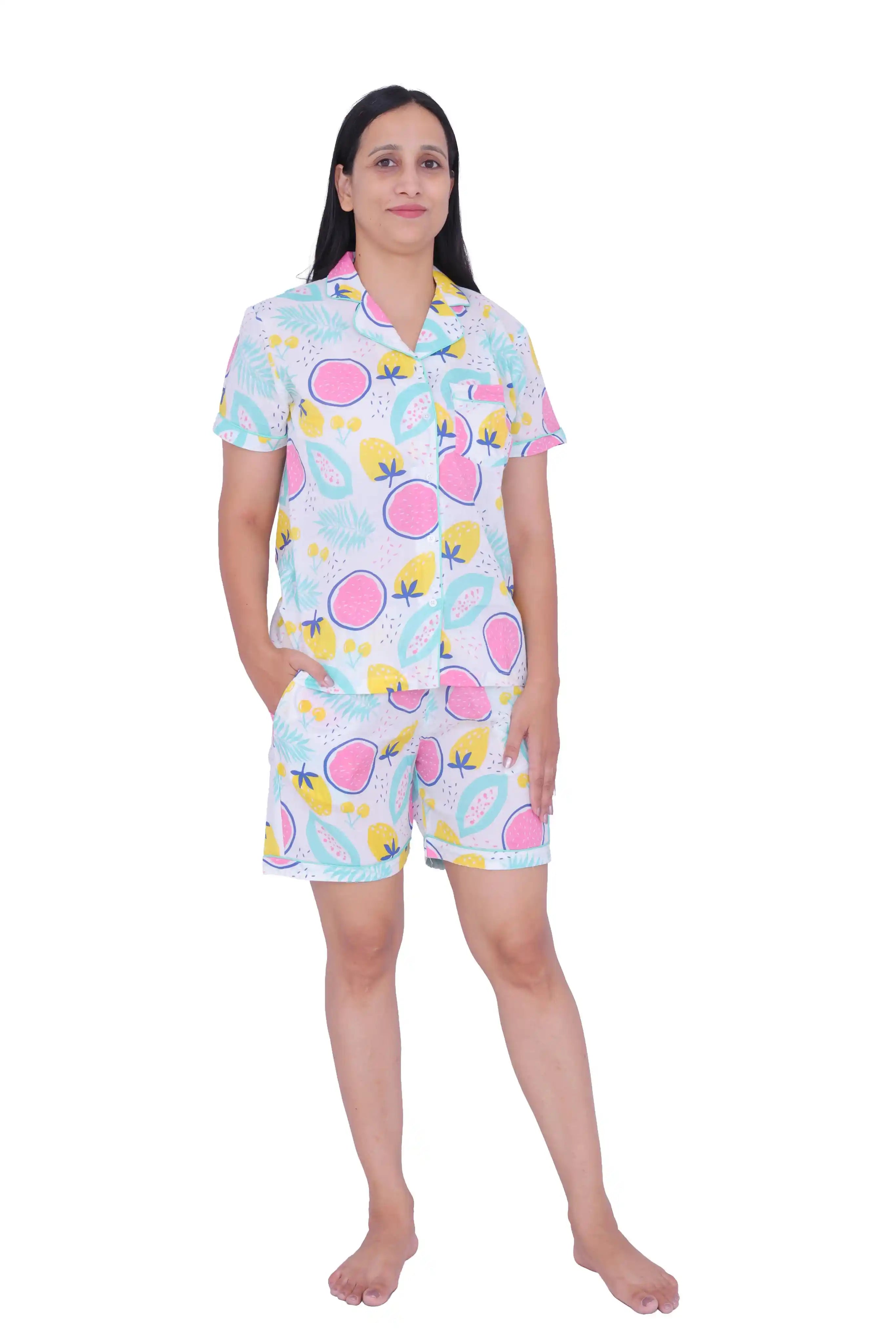 White Tropical Fruit Print Cotton Night Suit Set
