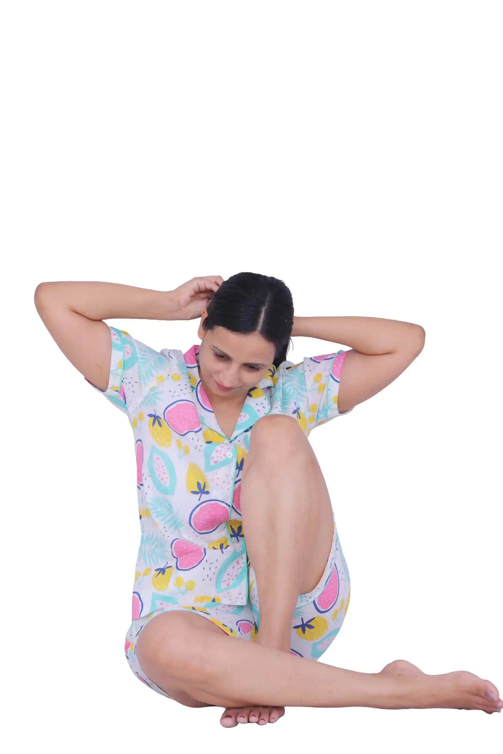 White Tropical Fruit Print Cotton Night Suit Set