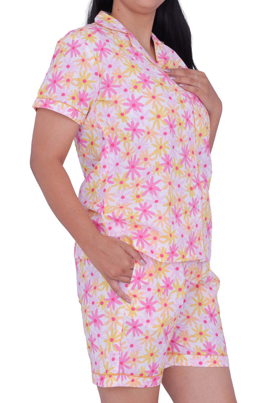 Pink Floral Print Cotton Night Suit Set