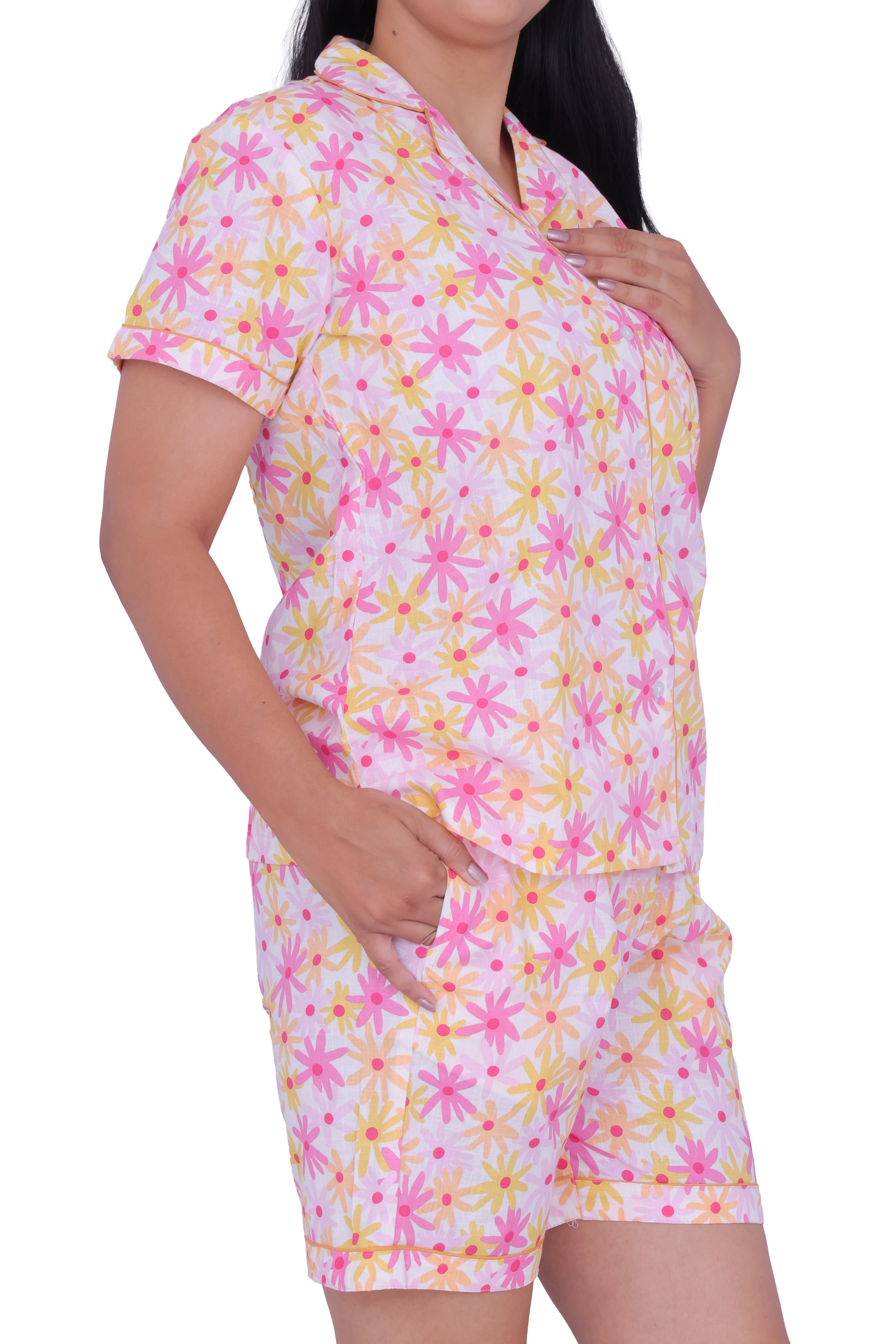Pink Floral Print Cotton Night Suit Set