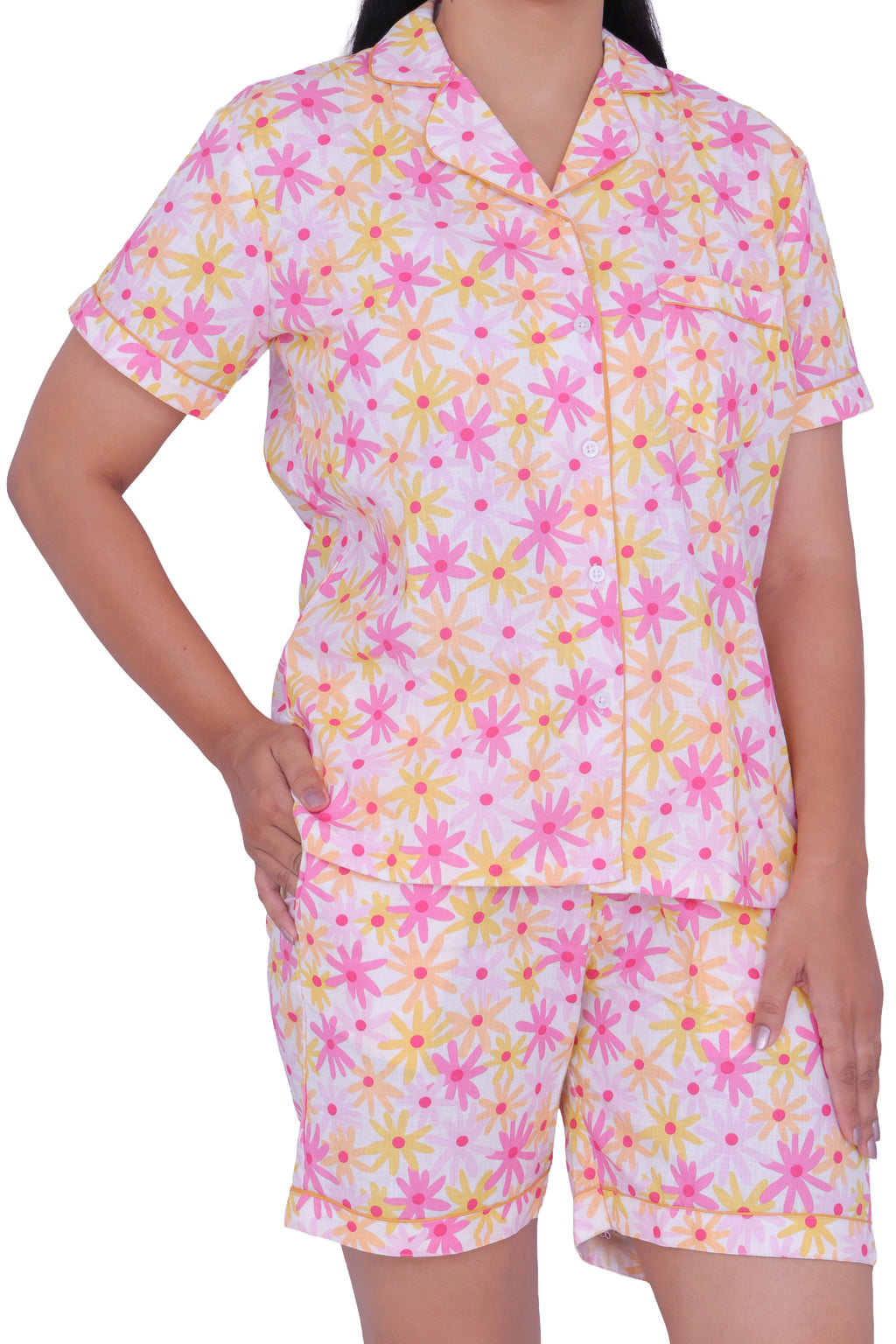 Pink Floral Print Cotton Night Suit Set