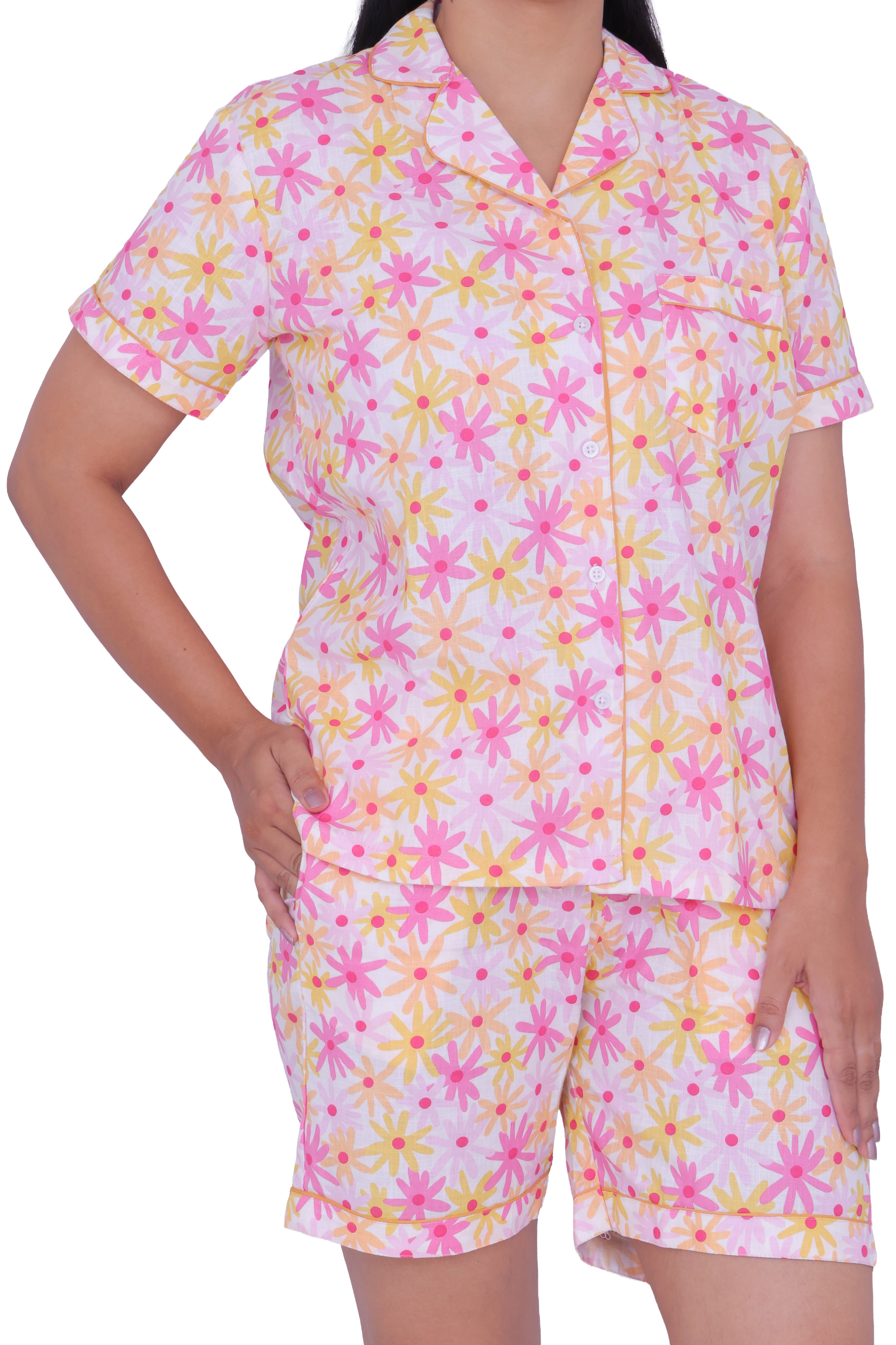 Pink Floral Print Cotton Night Suit Set