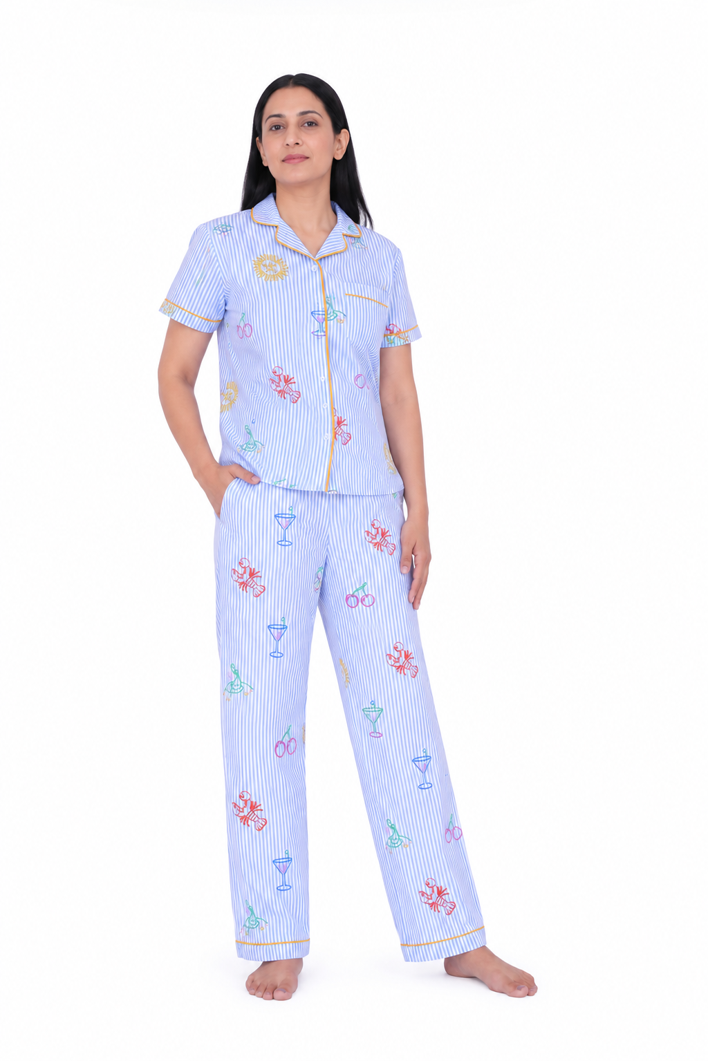 Blue Stripe Printed Cotton Night Suit Set [Full Pant]