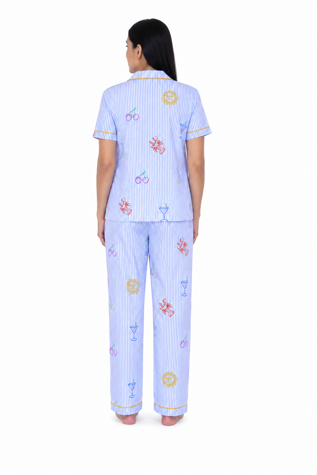Blue Stripe Printed Cotton Night Suit Set [Full Pant]