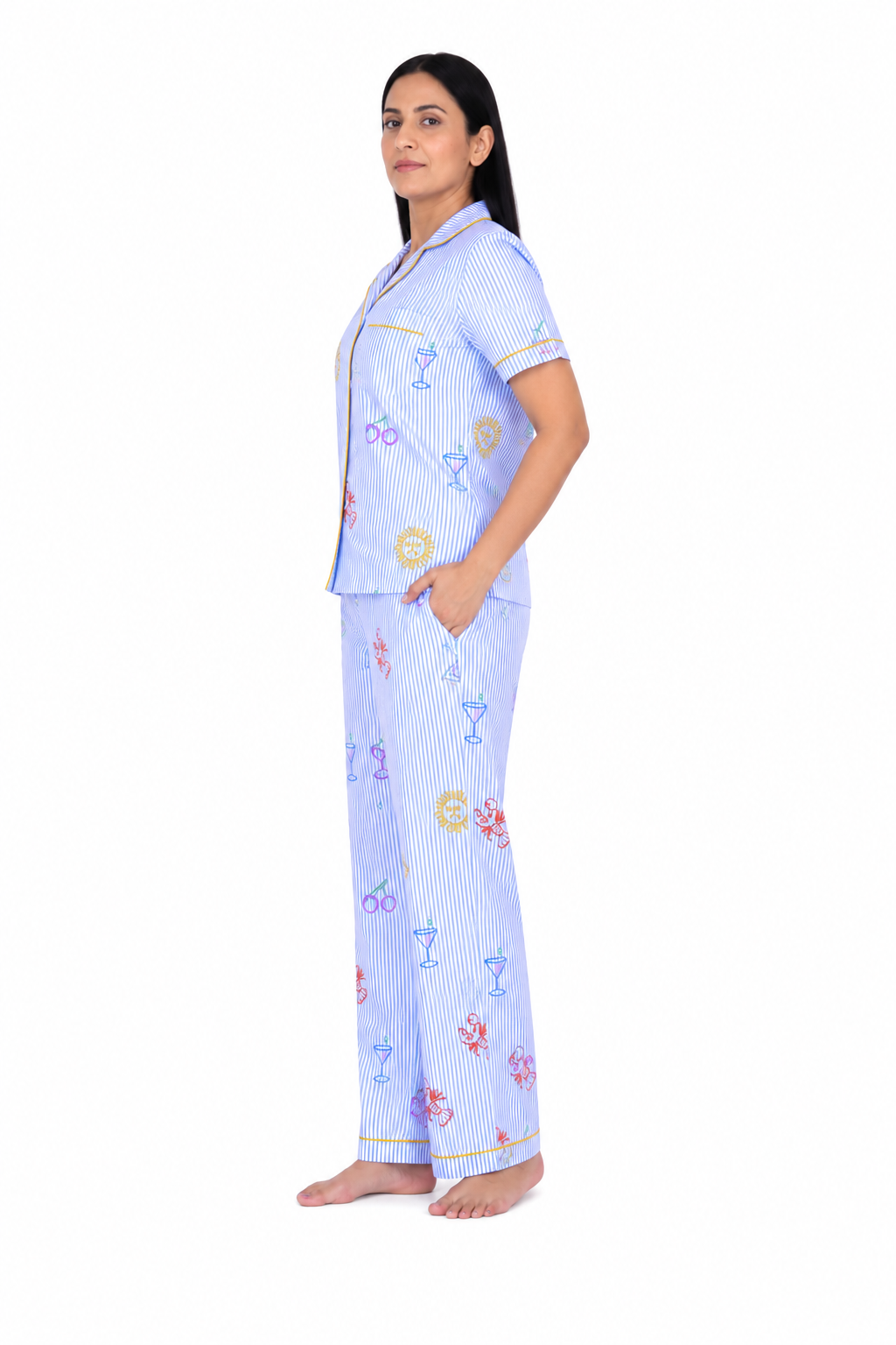 Blue Stripe Printed Cotton Night Suit Set [Full Pant]