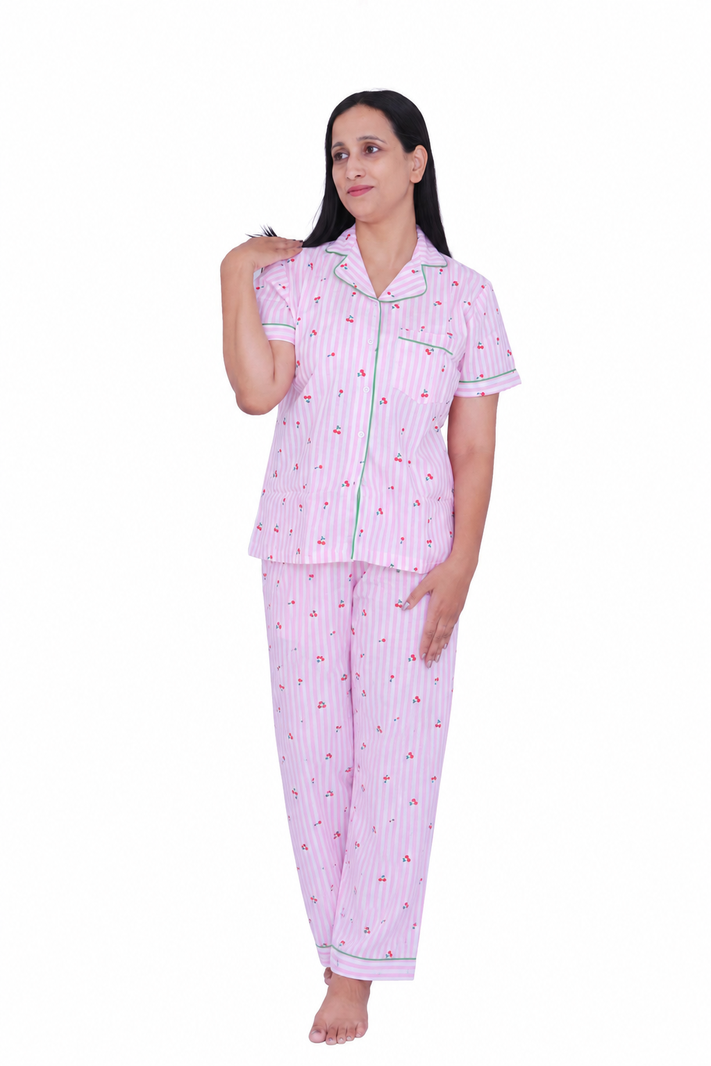 Pink Cherry Print Cotton Night Suit Set [Full Pant]