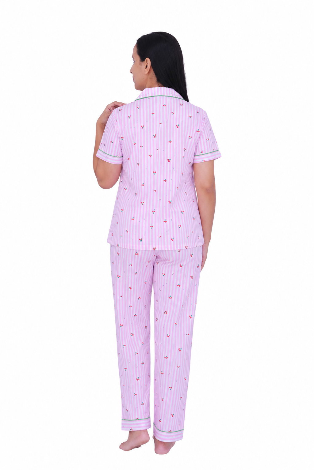 Pink Cherry Print Cotton Night Suit Set [Full Pant]