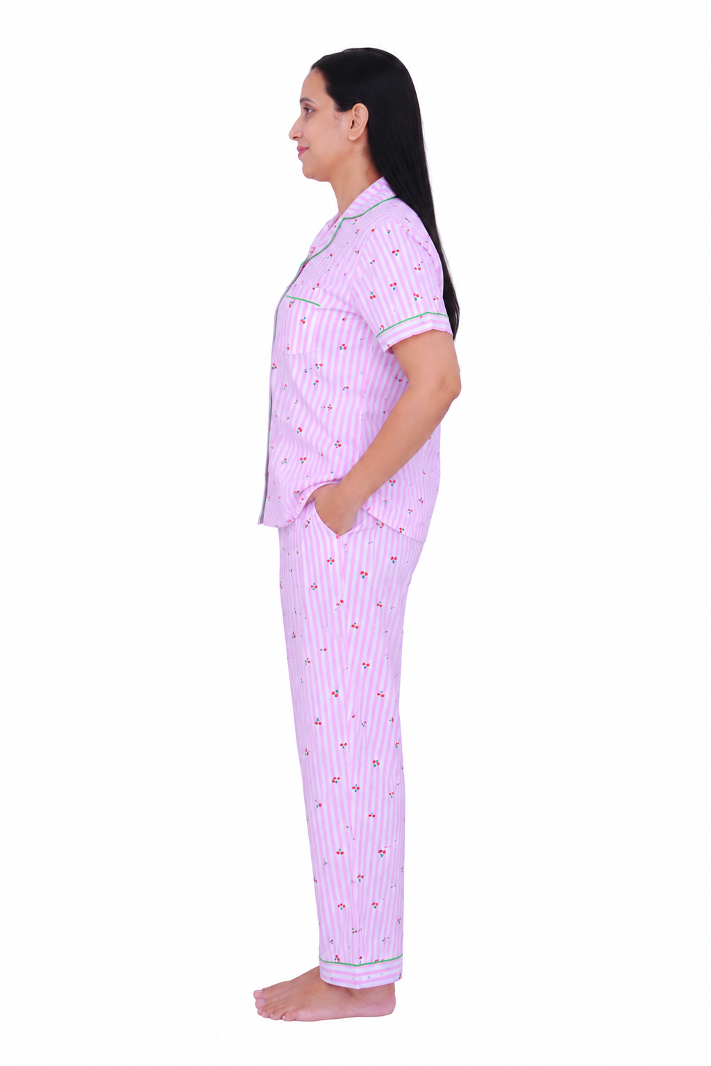 Pink Cherry Print Cotton Night Suit Set [Full Pant]