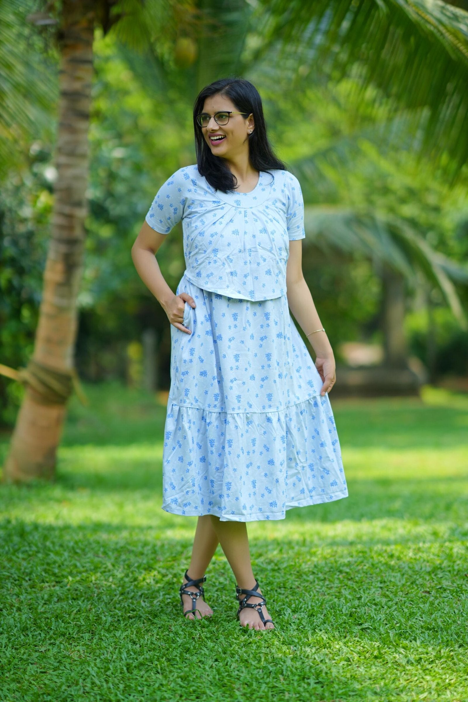 Light Blue Floral 100% Cotton Tiered Maternity Dress
