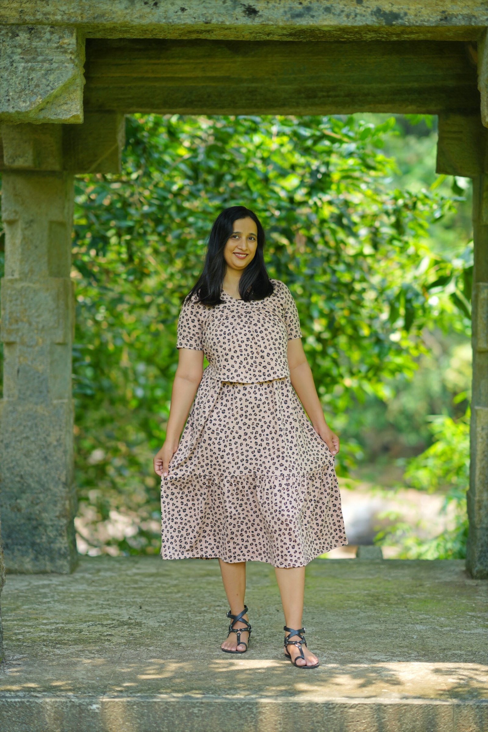 Light Brown Leopard Print High - Stretch Cotton Maternity Dress