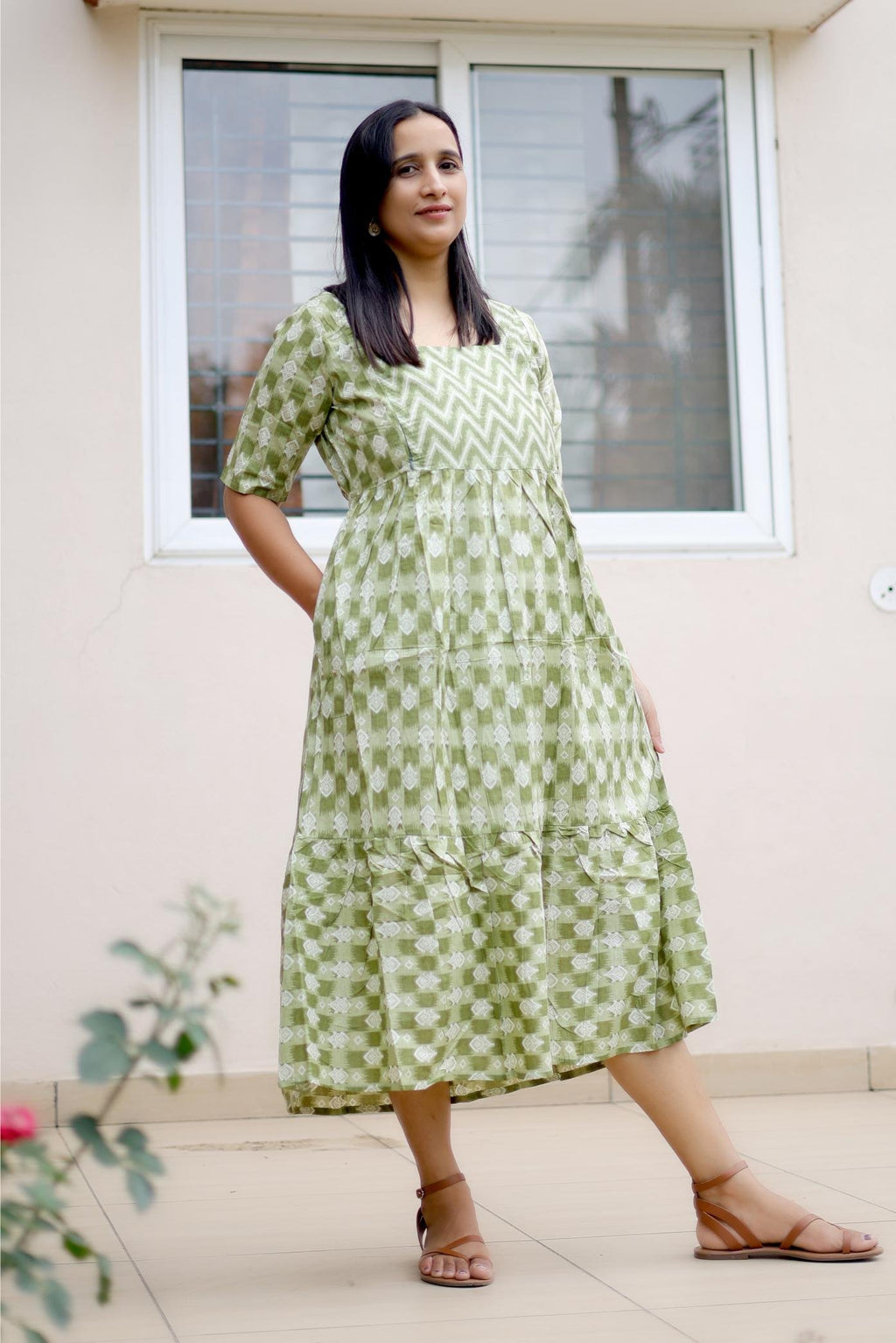 Light Olive Ikat Print Maternity Dress