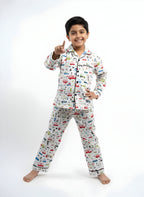 White Multi-Car Print Cotton Night Suit