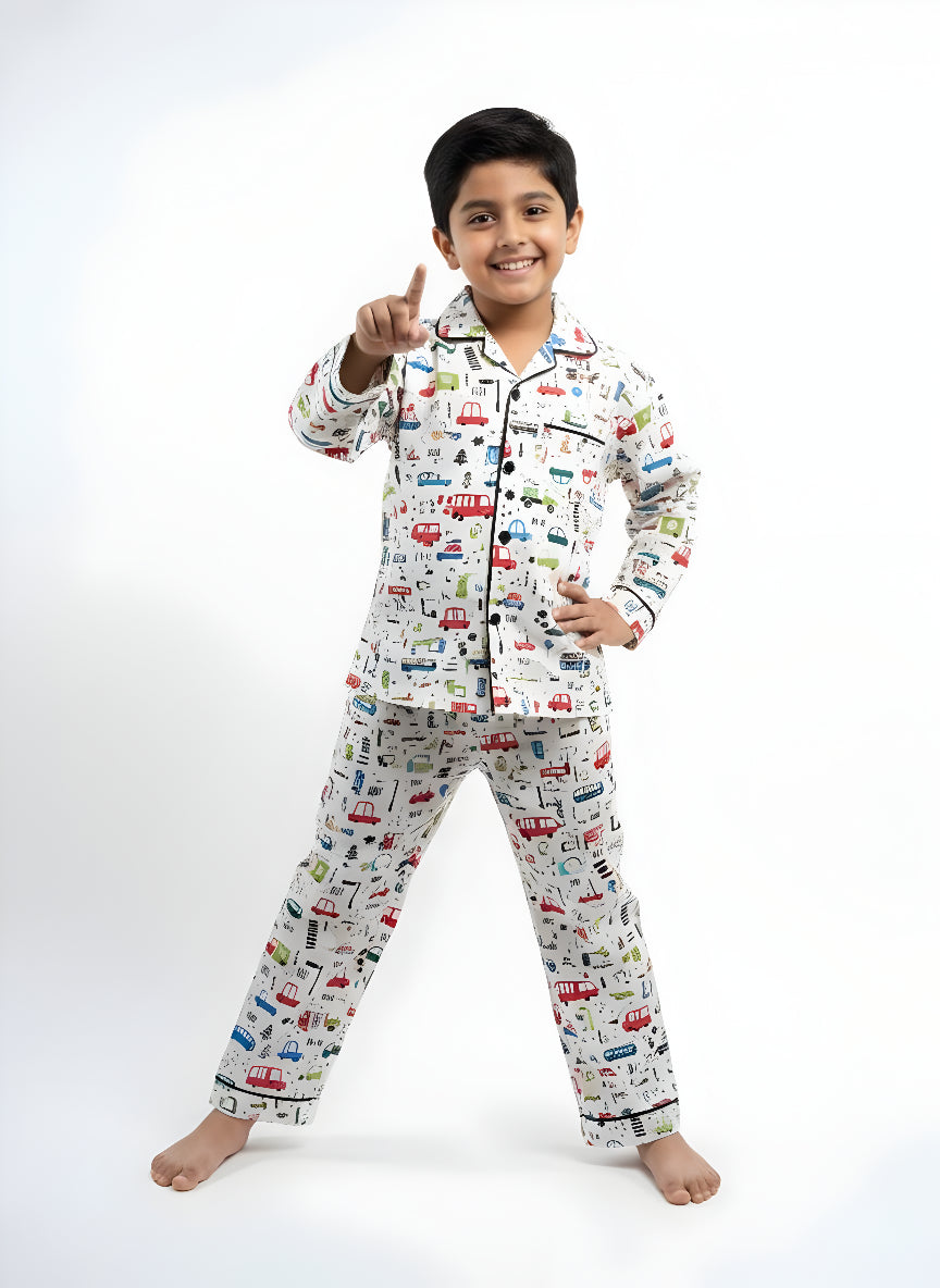 White Multi-Car Print Cotton Night Suit